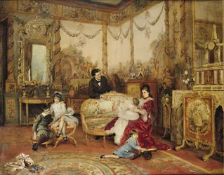 Victorien Sardou (1831-1908) und seine Familie in ihrem Wohnzimmer in Marly-le-Roi, ca. 1875